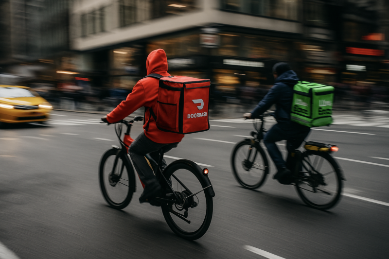 Dos repartidores de comida de diferentes empresas circulando en bicicletas eléctricas por las concurridas calles de Nueva York, con un efecto de desenfoque para capturar la velocidad, lo que pone de relieve el aumento de los accidentes con bicicletas eléctricas en la ciudad.